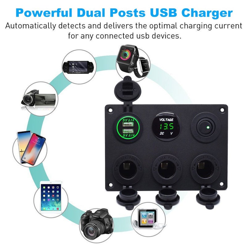 Cllena Dual USB Charger Socket 2.1A&2.1A + LED Voltmeter + 3 Socket Cigarette Lighter Adapter 12V Power Outlet + ON-Off Toggle Switch Multi-Functions Panel for Car Marine Boat Rv Camper Truck (Red) - Image 2